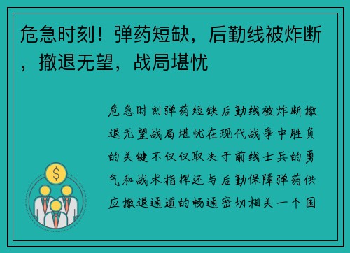 危急时刻！弹药短缺，后勤线被炸断，撤退无望，战局堪忧