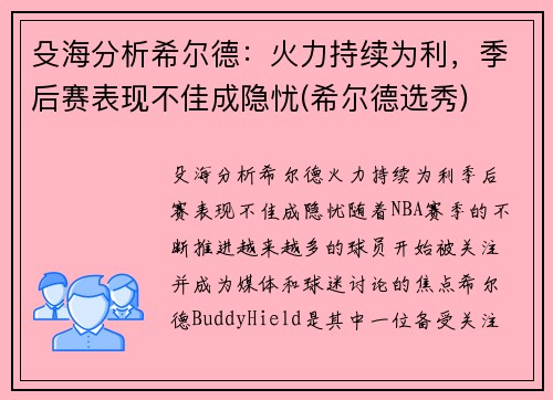 殳海分析希尔德：火力持续为利，季后赛表现不佳成隐忧(希尔德选秀)