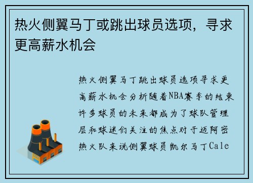 热火侧翼马丁或跳出球员选项，寻求更高薪水机会