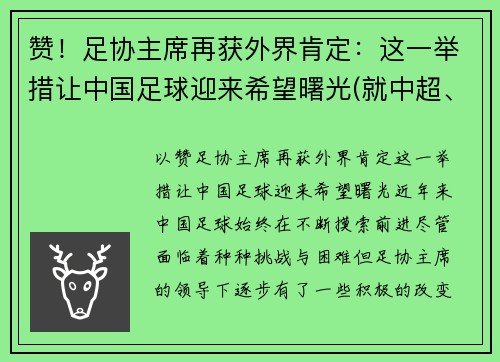 赞！足协主席再获外界肯定：这一举措让中国足球迎来希望曙光(就中超、中甲俱乐部)