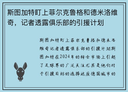 斯图加特盯上菲尔克鲁格和德米洛维奇，记者透露俱乐部的引援计划