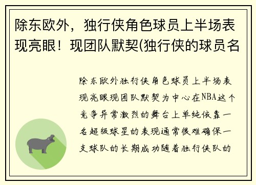 除东欧外，独行侠角色球员上半场表现亮眼！现团队默契(独行侠的球员名单)