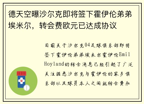 德天空曝沙尔克即将签下霍伊伦弟弟埃米尔，转会费欧元已达成协议
