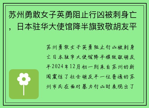 苏州勇敢女子英勇阻止行凶被刺身亡，日本驻华大使馆降半旗致敬胡友平