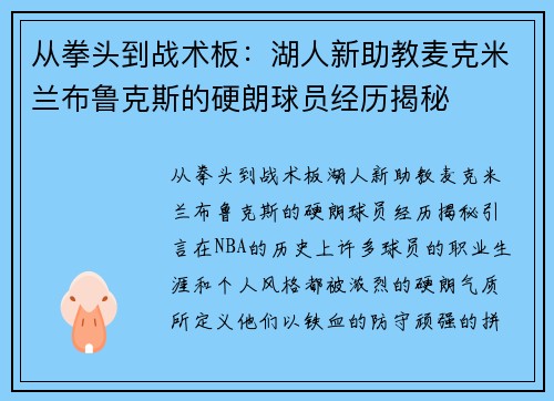 从拳头到战术板：湖人新助教麦克米兰布鲁克斯的硬朗球员经历揭秘