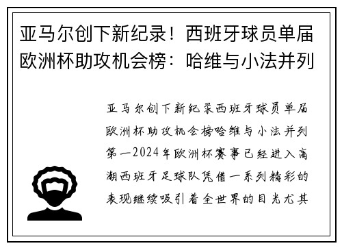亚马尔创下新纪录！西班牙球员单届欧洲杯助攻机会榜：哈维与小法并列第一